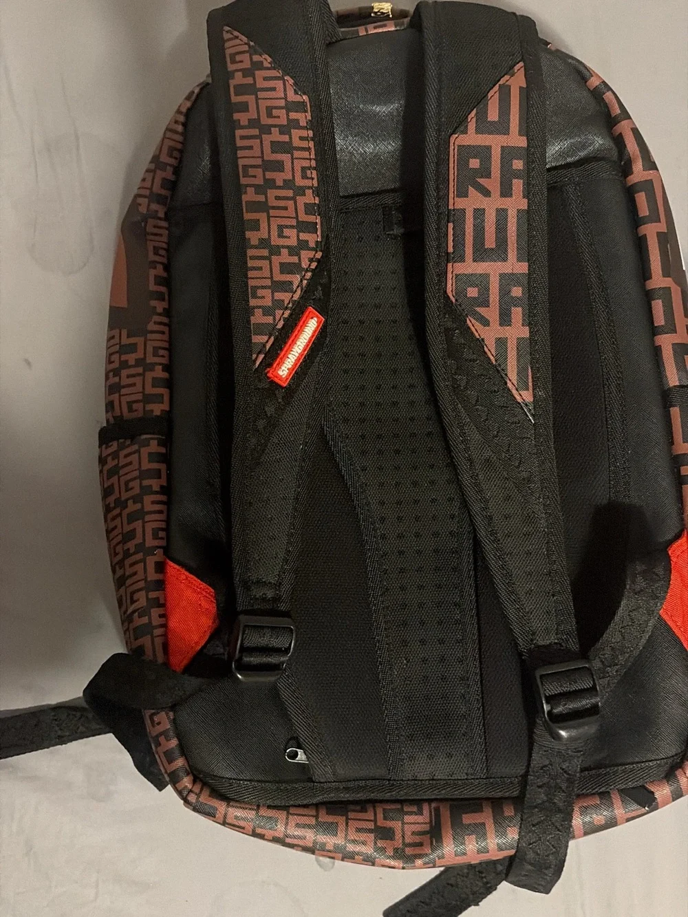 Sprayground Brown Shark-Mouth Logo Backpack with Red & White Accent